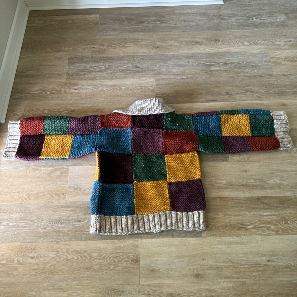 Handmade One Of A Kind Heavy Crochet Color Block Jacket Sweater Long Sleeve - Picture 13 of 16